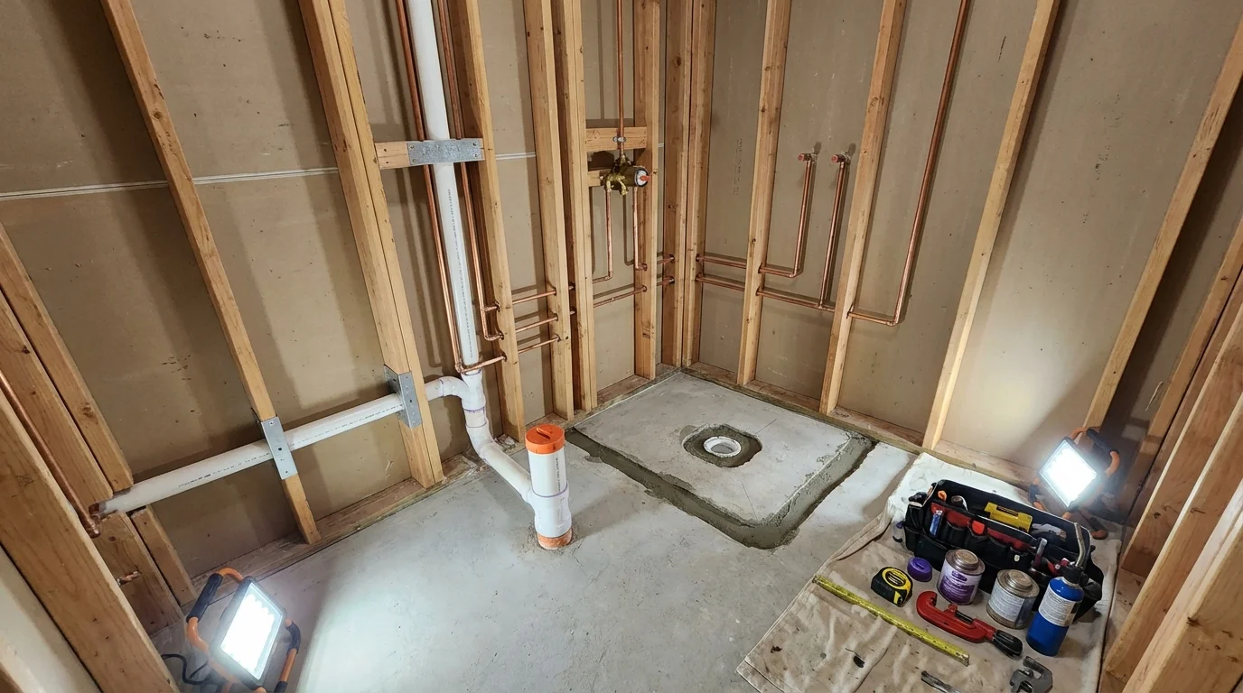 Bathroom rough-in plumbing during remodel by Johns Plumbing LLC in Dallastown