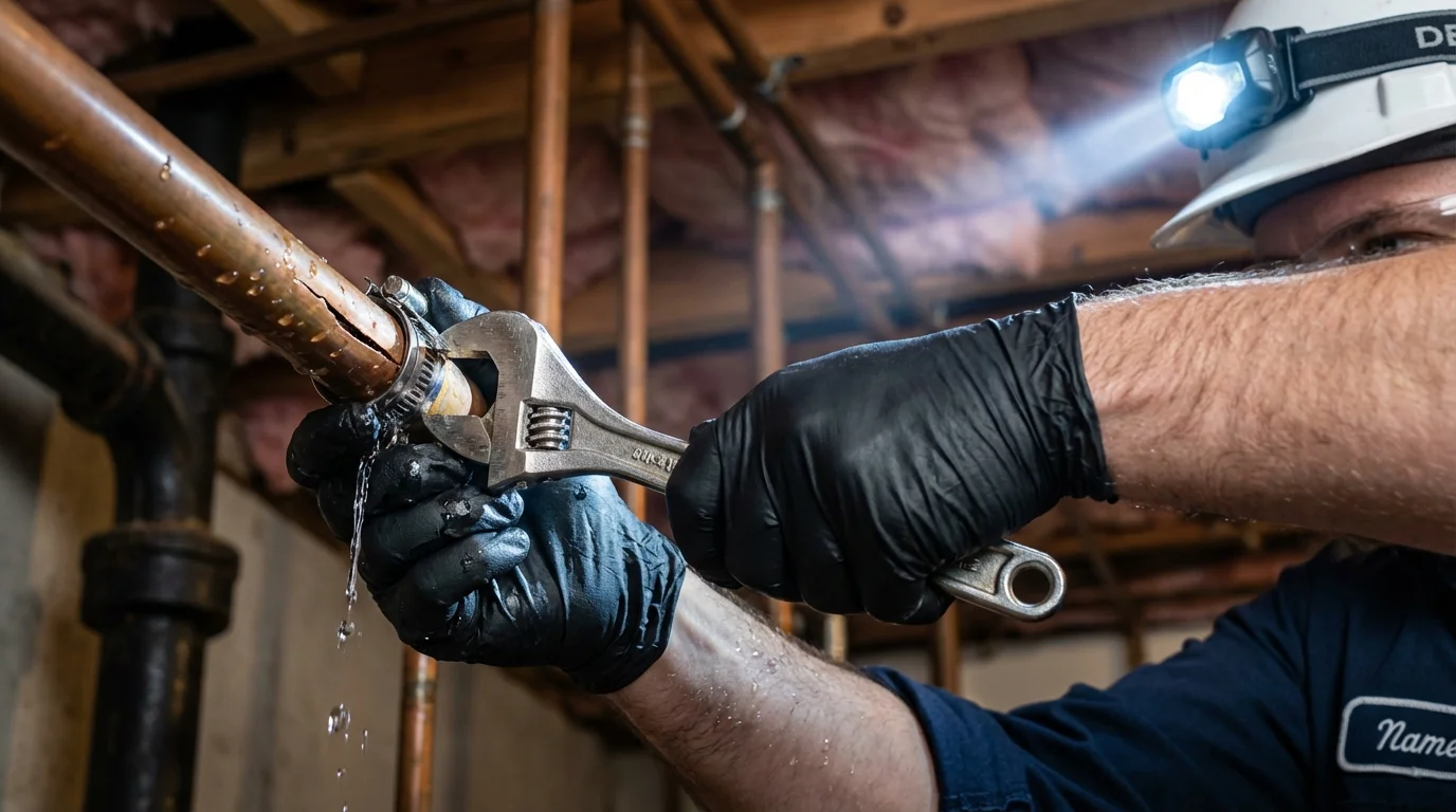 Emergency pipe clamp repair being performed by a Johns Plumbing LLC plumber in Dallastown