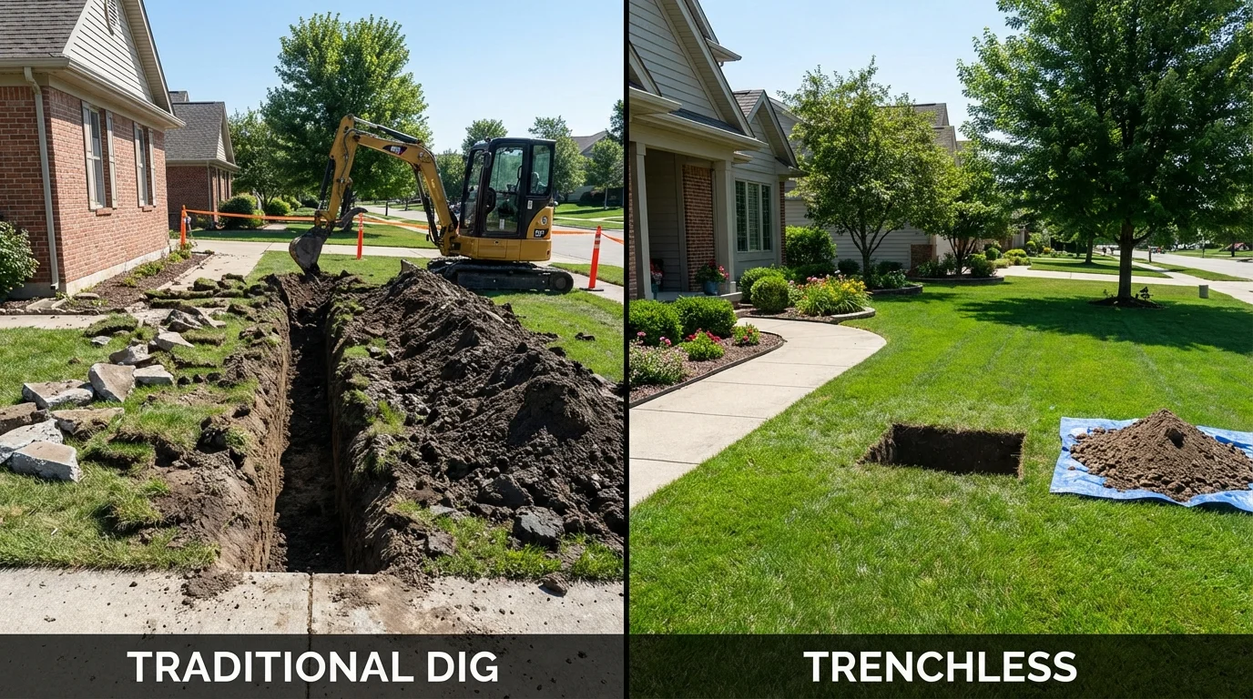 Trenchless sewer repair with minimal yard damage versus traditional excavation in Dallastown, PA