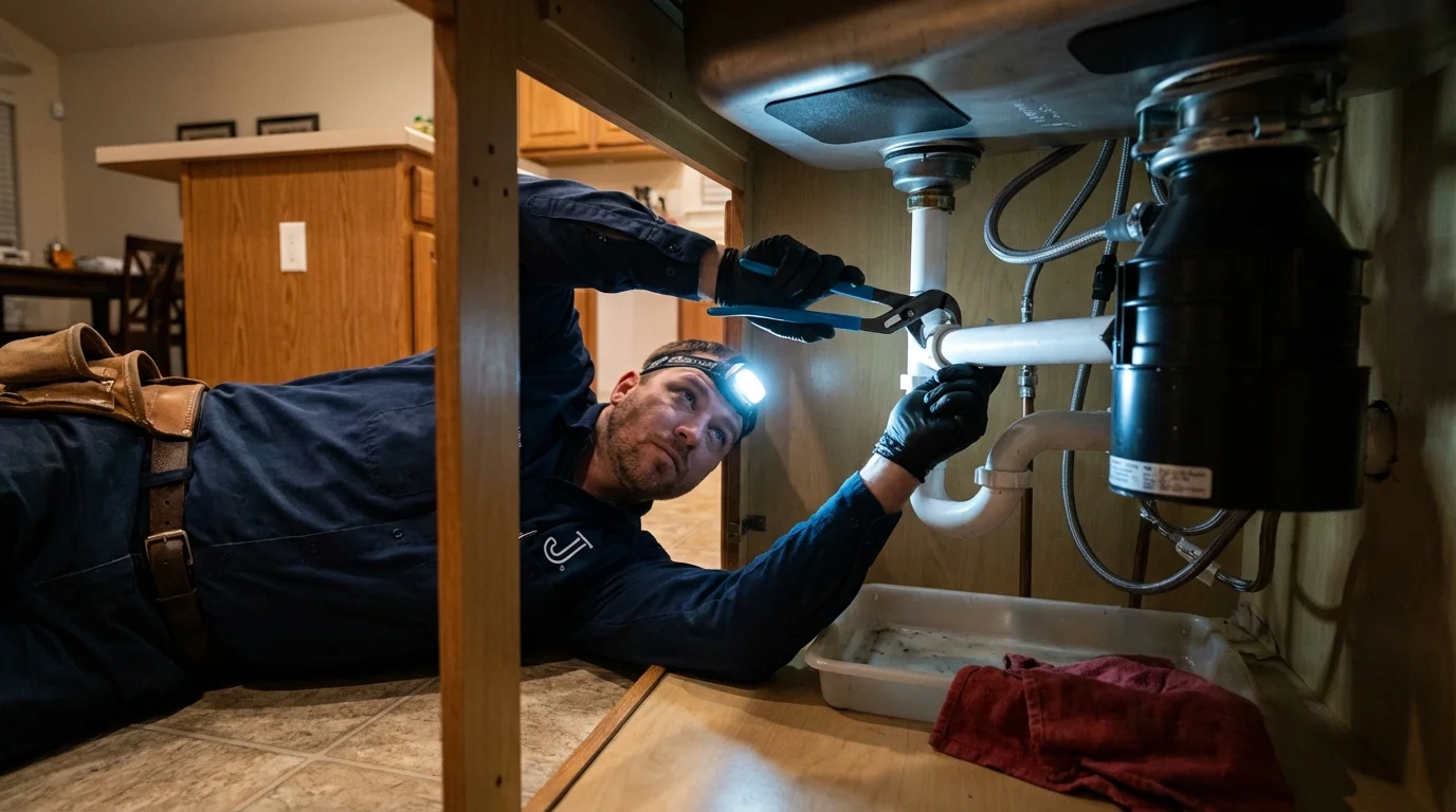 P-trap and supply line connections under a kitchen sink showing a common leak point in Dallastown, PA